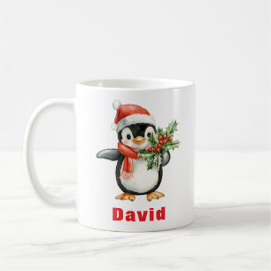 Santa Hat Penguin Holding Christmas Holly Koffiemok