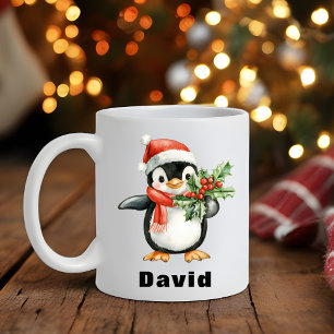 Santa Hat Penguin Holding Christmas Holly Koffiemok