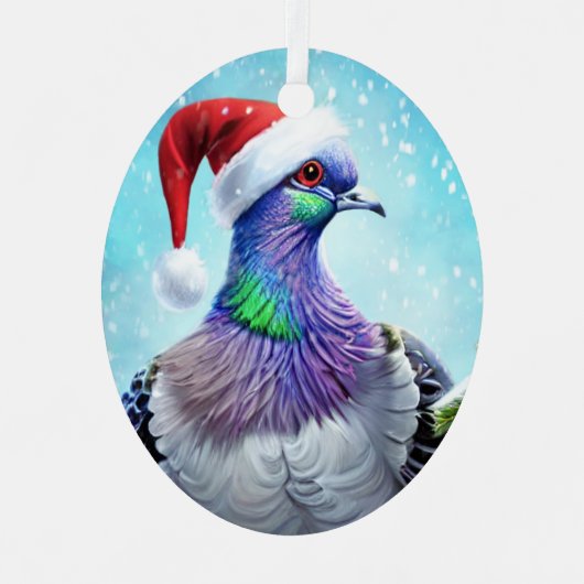 Santa Hat Pigeon in Falling Snow Kerstmis Metalen Ornament (Voorkant)