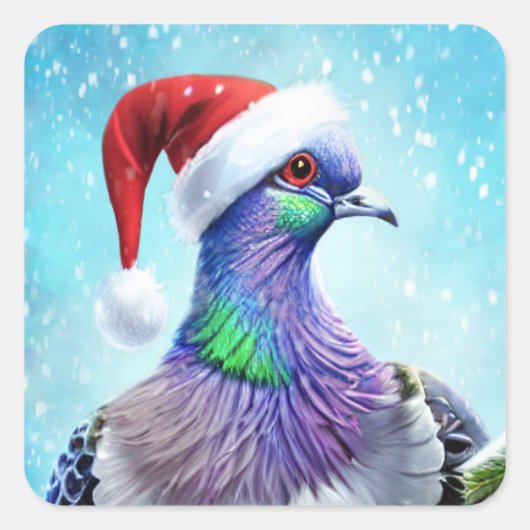 Santa Hat Pigeon in Falling Snow Kerstmis Vierkante Sticker (Voorkant)