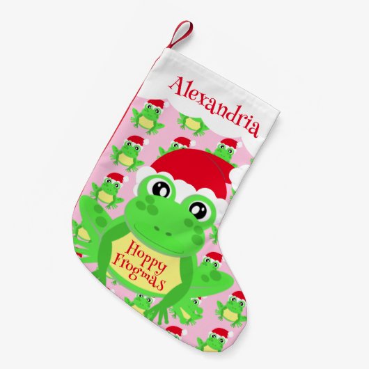 Santa Hat Pink Frog Cartoon Patroon Naam Nieuwighe Kleine Kerstsok (Voorkant (Hangend))