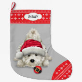 Santa Hat Playful Westie Snowflake Border Grote Kerstsok (Voorkant)