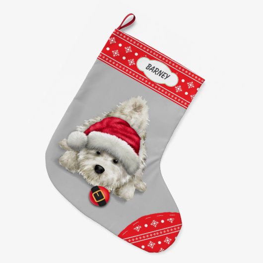 Santa Hat Playful Westie Snowflake Border Grote Kerstsok (Voorkant (Hangend))