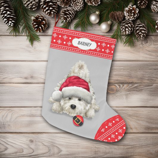 Santa Hat Playful Westie Snowflake Border Grote Kerstsok