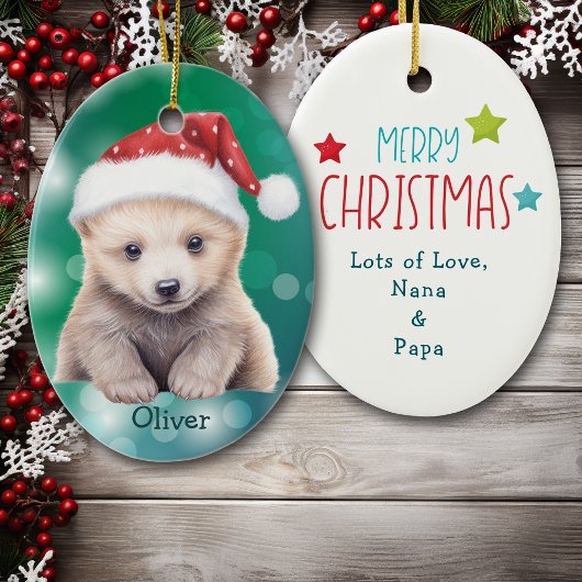 Santa Hat Polar Bear Cub Kids Ceramic Ornament