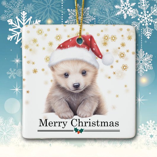 Santa Hat Polar Bear Cub Merry Christmas Keramisch Ornament