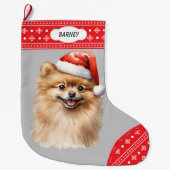 Santa Hat Pomeranian Dog Snowflake Border Grote Kerstsok (Voorkant)