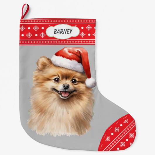 Santa Hat Pomeranian Dog Snowflake Border Grote Kerstsok (Voorkant)