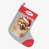 Santa Hat Pomeranian Dog Snowflake Border Grote Kerstsok (Voorkant (Hangend))