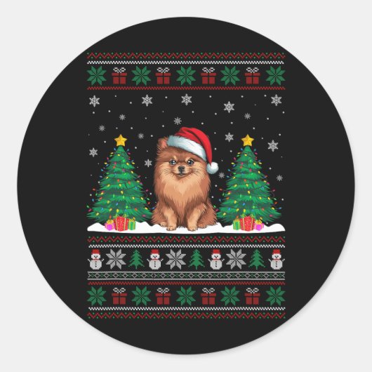 Santa Hat Pommeranian Dog Christmas Tree Lights Ug Ronde Sticker (Voorkant)