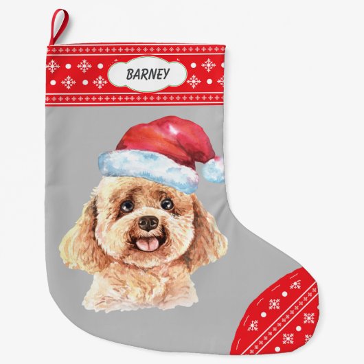 Santa Hat Poodle Dog Snowflake Border Grote Kerstsok (Voorkant)