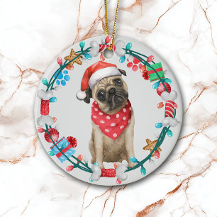 Santa Hat Pug Hondenbotkrans Keramisch Ornament