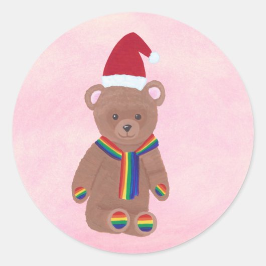 Santa Hat Rainbow Teddy Bear Holiday Kerstmis Ronde Sticker (Voorkant)