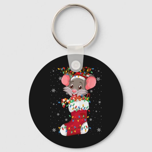 Santa Hat Rat Animal In Sokken Xmas Tree Lights Sleutelhanger (Voorkant)