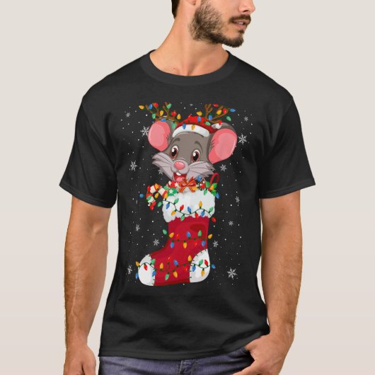 Santa Hat Rat Animal In Sokken Xmas Tree Lights T-shirt (Voorkant)