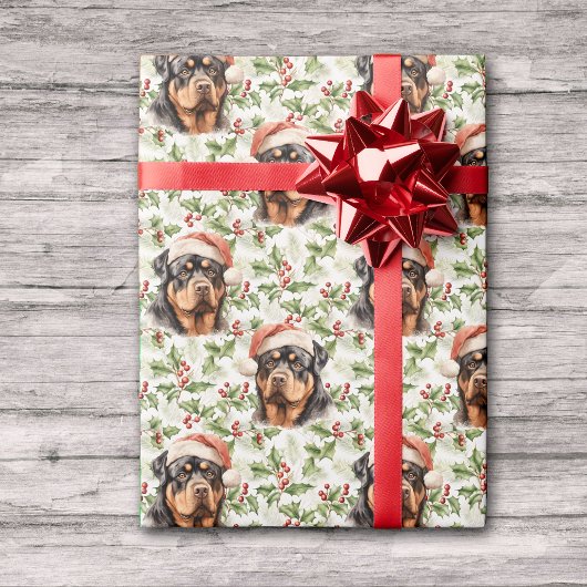 Santa Hat Rottweiler Dog Christmas Holly Cadeaupapier