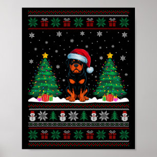 Santa Hat Rottweiler Hond Kerstboom Lights Ugl Poster