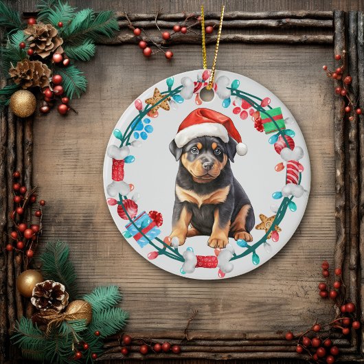 Santa Hat Rottweiler Puppy Botkrans Keramisch Ornament