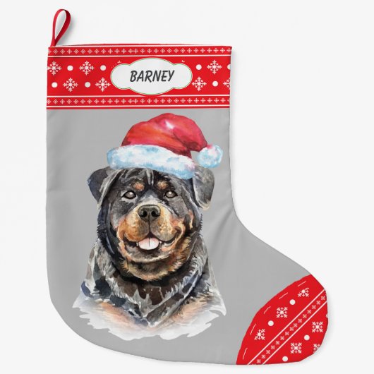 Santa Hat Rottweiler Snowflake Border Grote Kerstsok (Voorkant)