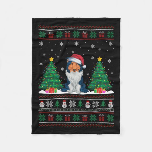 Santa Hat Rough Collie Dog Xmas Tree Lights Ugly S Fleece Deken (Voorkant)