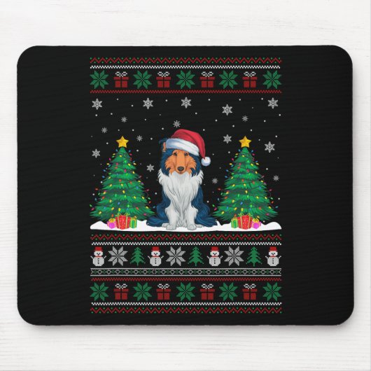 Santa Hat Rough Collie Dog Xmas Tree Lights Ugly S Muismat (Voorkant)