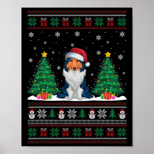 Santa Hat Rough Collie Dog Xmas Tree Lights Ugly S Poster (Voorkant)