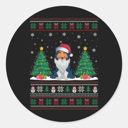 Santa Hat Rough Collie Dog Xmas Tree Lights Ugly S Ronde Sticker (Voorkant)