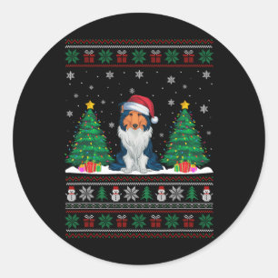 Santa Hat Rough Collie Dog Xmas Tree Lights Ugly S Ronde Sticker