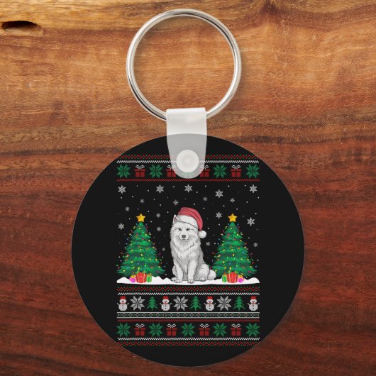 Santa Hat Samoyed Dog Kerstboom Lights Ugly S Sleutelhanger (Voorkant)