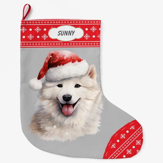Santa Hat Samoyed Hond Sneeuwvlok Border Grote Kerstsok (Voorkant)