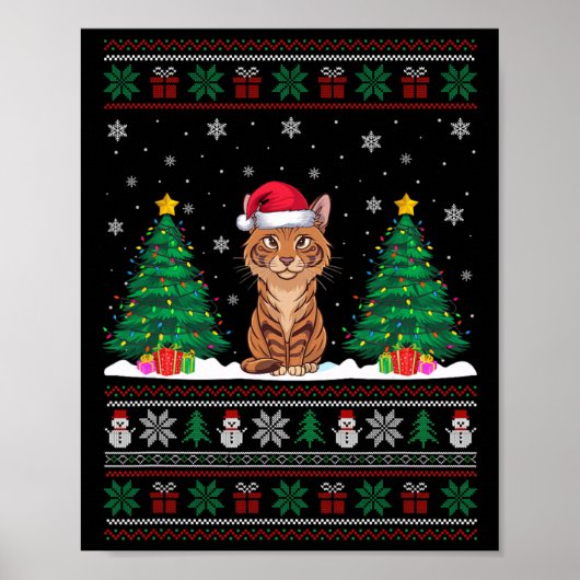 Santa Hat Savannah Cat Kerstboom Lights Ugly Poster (Voorkant)