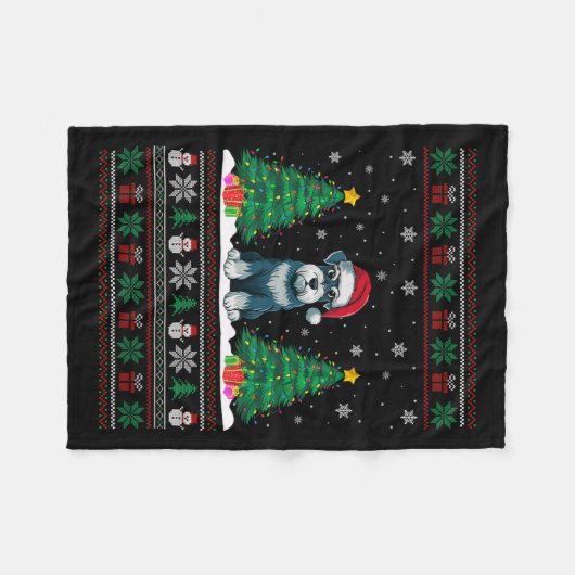 Santa Hat Schnauzer Dog Kerstboom Lights Ugly Fleece Deken (Voorkant (Horizontaal))
