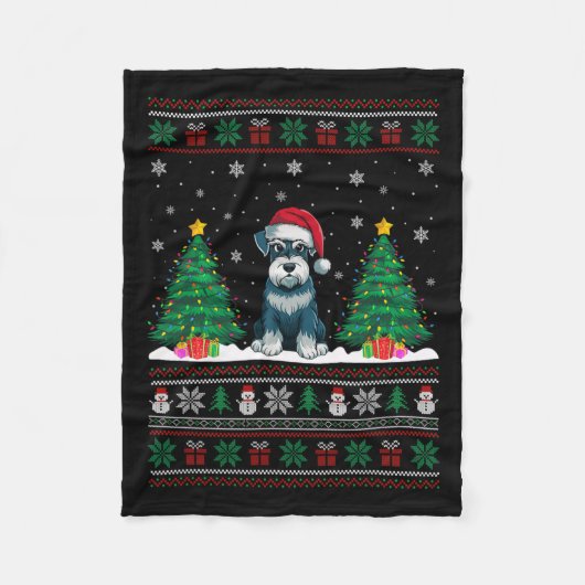 Santa Hat Schnauzer Dog Kerstboom Lights Ugly Fleece Deken (Voorkant)
