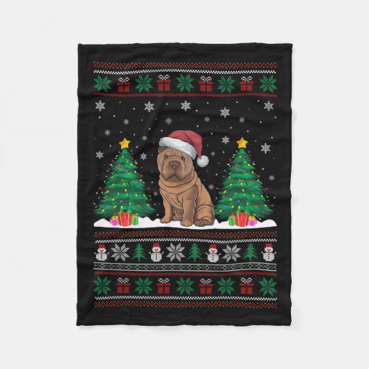 Santa Hat Shar Pei Dog Kerstboom Lights Ugly Fleece Deken (Voorkant)