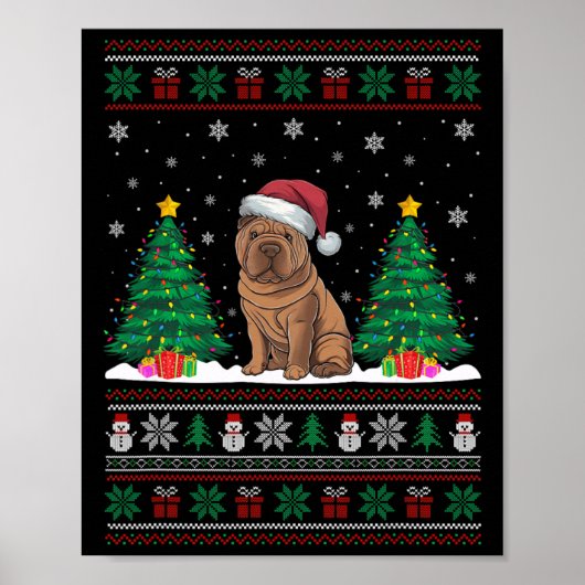 Santa Hat Shar Pei Dog Kerstboom Lights Ugly Poster (Voorkant)