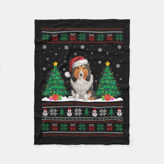 Santa Hat Shetland Herdershond Xmas Tree Light Ug Fleece Deken (Voorkant)