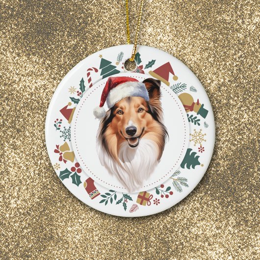 Santa Hat Shetland Sheepdog Kerstkrans Keramisch Ornament