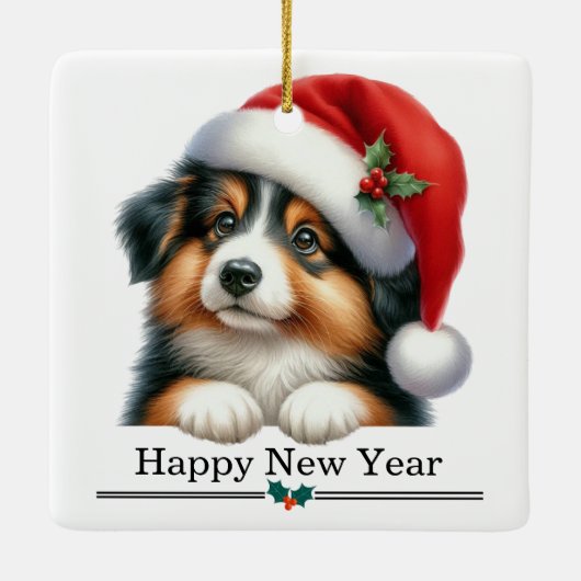 Santa Hat Shetland Sheepdog Puppy Merry Christmas Keramisch Ornament (Achterkant)