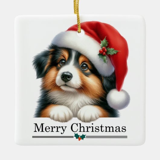 Santa Hat Shetland Sheepdog Puppy Merry Christmas Keramisch Ornament (Voorkant)