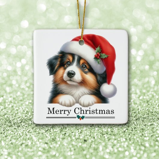 Santa Hat Shetland Sheepdog Puppy Merry Christmas Keramisch Ornament