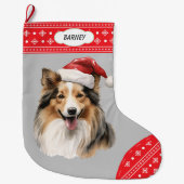 Santa Hat Shetland Sheepdog Snowflake Border Grote Kerstsok (Voorkant)
