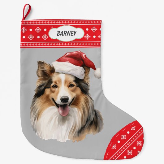 Santa Hat Shetland Sheepdog Snowflake Border Grote Kerstsok (Voorkant)