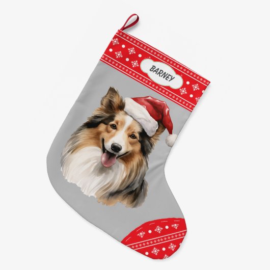 Santa Hat Shetland Sheepdog Snowflake Border Grote Kerstsok (Voorkant (Hangend))