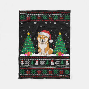 Santa Hat Shiba Inu Dog Kerstboom Lights Ugly Fleece Deken