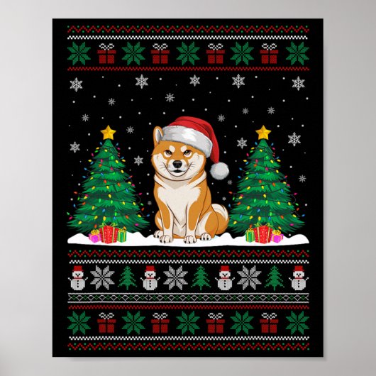 Santa Hat Shiba Inu Dog Kerstboom Lights Ugly Poster (Voorkant)