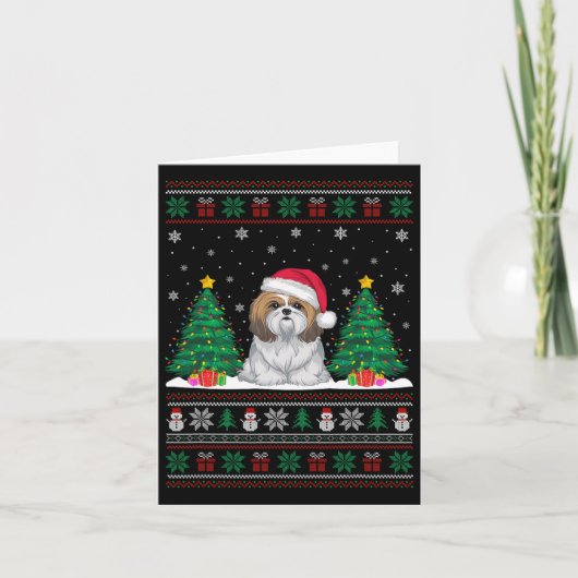 Santa Hat Shih Tzu Dog Kerstboom Lights Ugly Kaart (Voorkant)