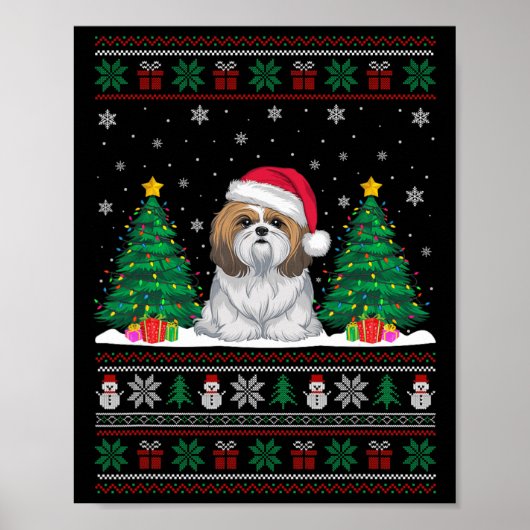 Santa Hat Shih Tzu Dog Kerstboom Lights Ugly Poster (Voorkant)