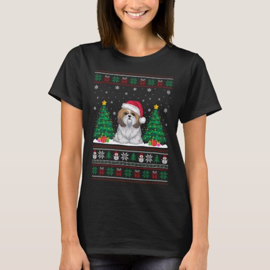 Santa Hat Shih Tzu Dog Kerstboom Lights Ugly T-shirt (Voorkant)