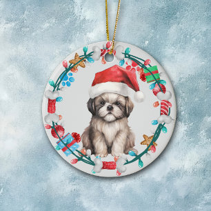 Santa Hat Shih Tzu Puppy Botkrans Keramisch Ornament