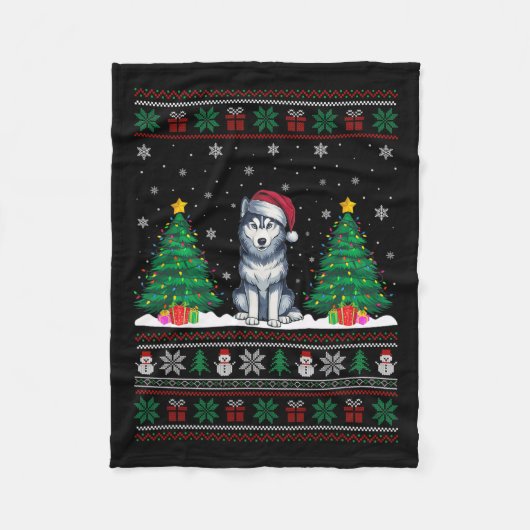 Santa Hat Siberische Husky Dog Xmas Tree Lights Ug Fleece Deken (Voorkant)